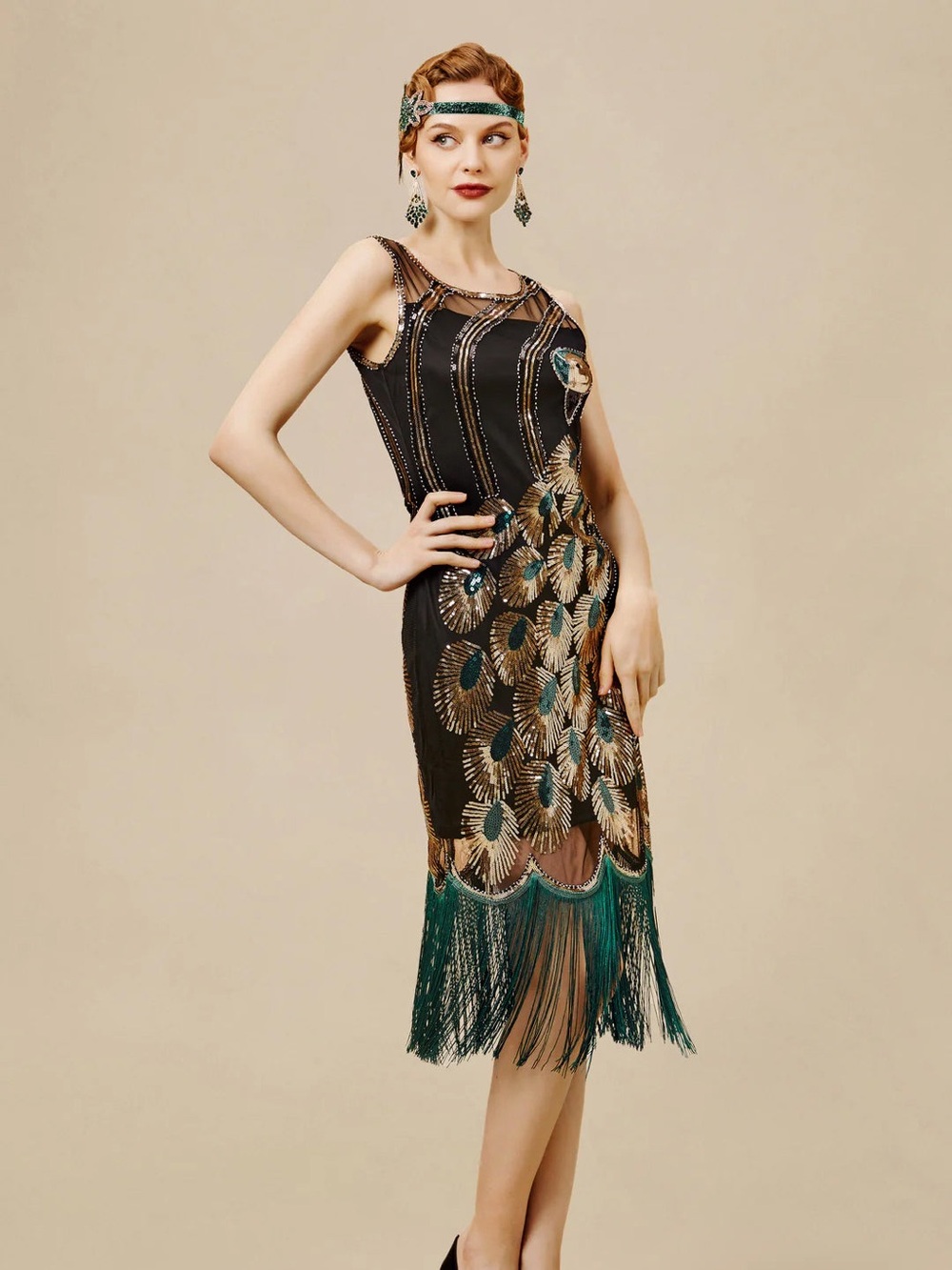 Babeyond 1920s Glitter Sequin Peacock Scoop Neck Dress